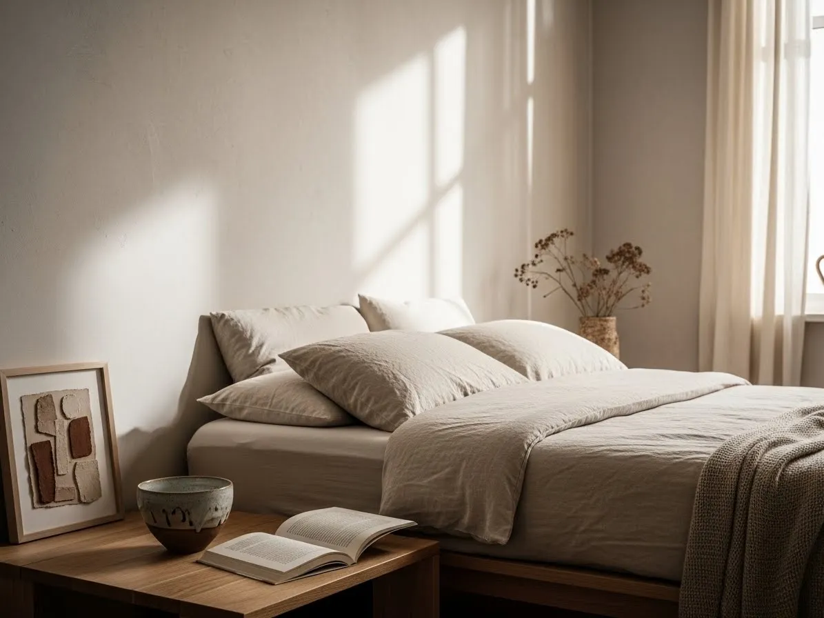 Minimal meaningful decor styled in a calm wabi-sabi bedroom