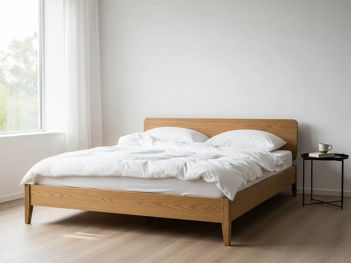 Minimal bedroom featuring a statement oak bed and white décor