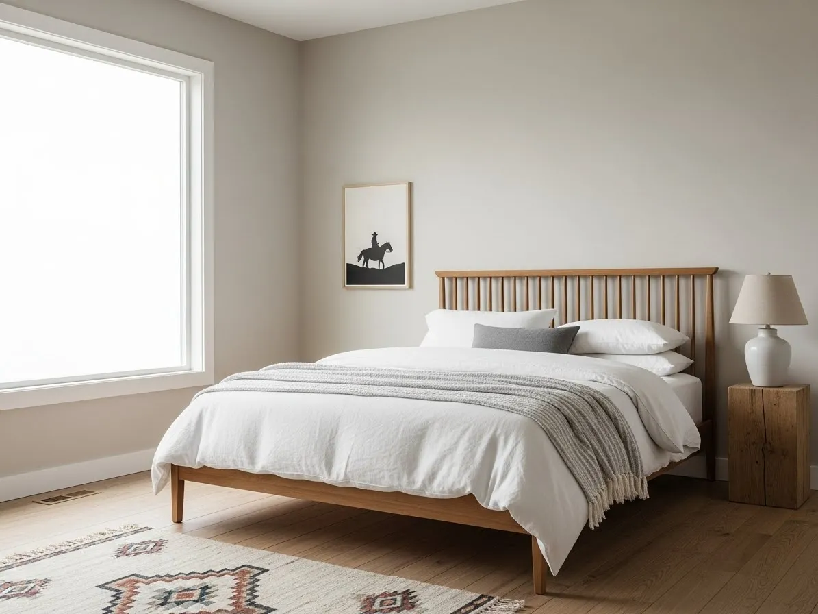 Minimal western bedroom with neutral tones and simple rustic furniture.