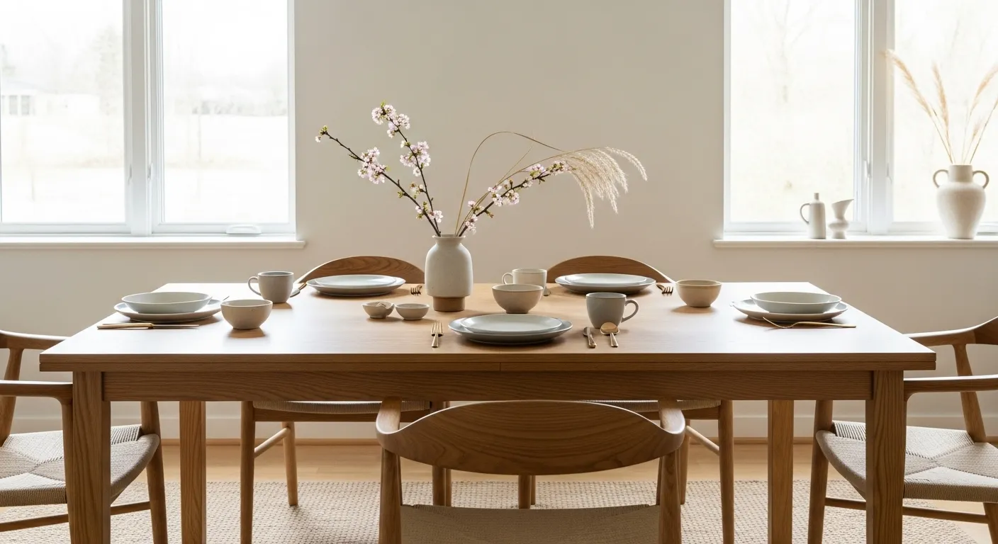 Minimal wooden dining table used as the centerpiece in Japandi dining room ideas