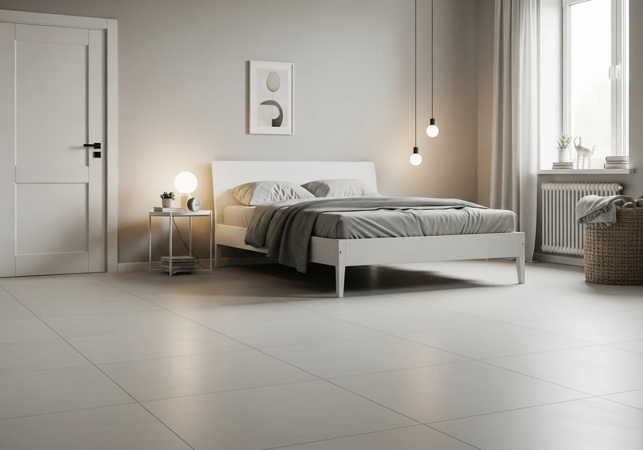 Minimalist bedroom-with-tile-floor with clean lines and simple decor