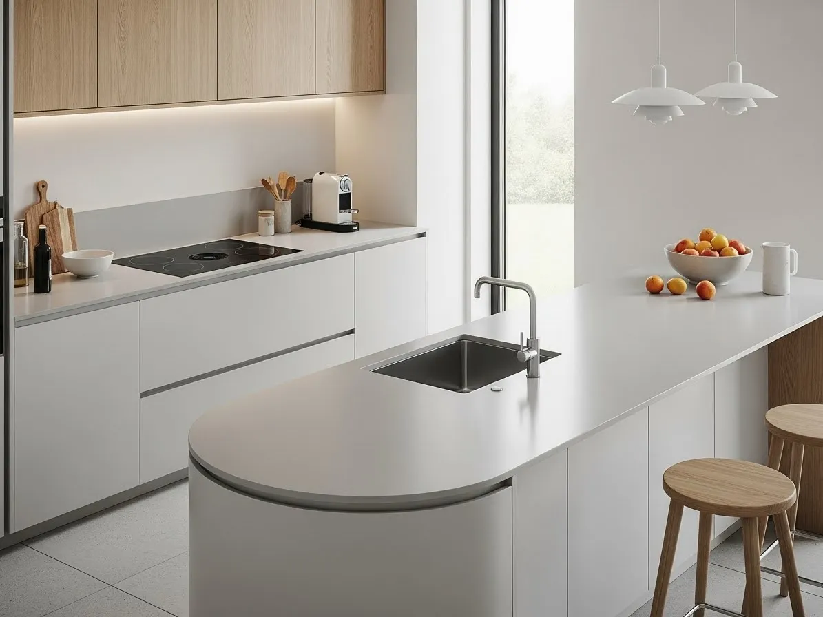 Minimalist curved kitchen island with clean modern lines