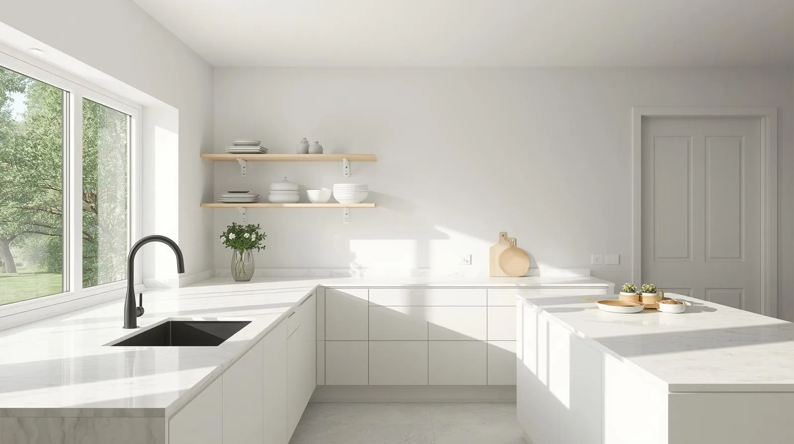 Minimalist kitchen ideas featuring white quartz countertops, clean lines, and modern clutter-free design