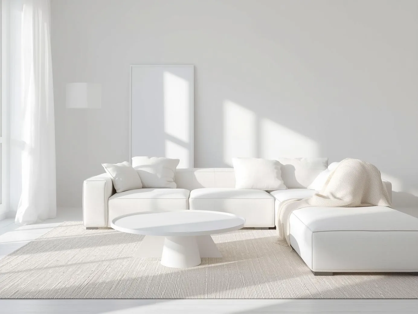 A serene all-white minimalist living room with simple furniture and bright natural light.