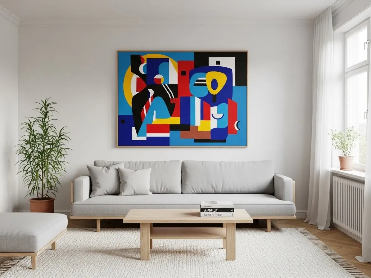 A minimalist living room with artistic decor and abstract wall art.