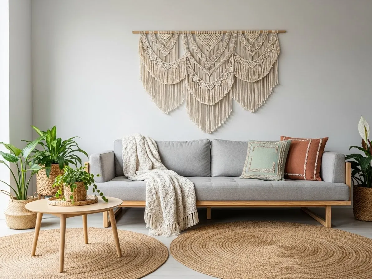 minimalist boho living room with macramé wall hangings and natural rugs.