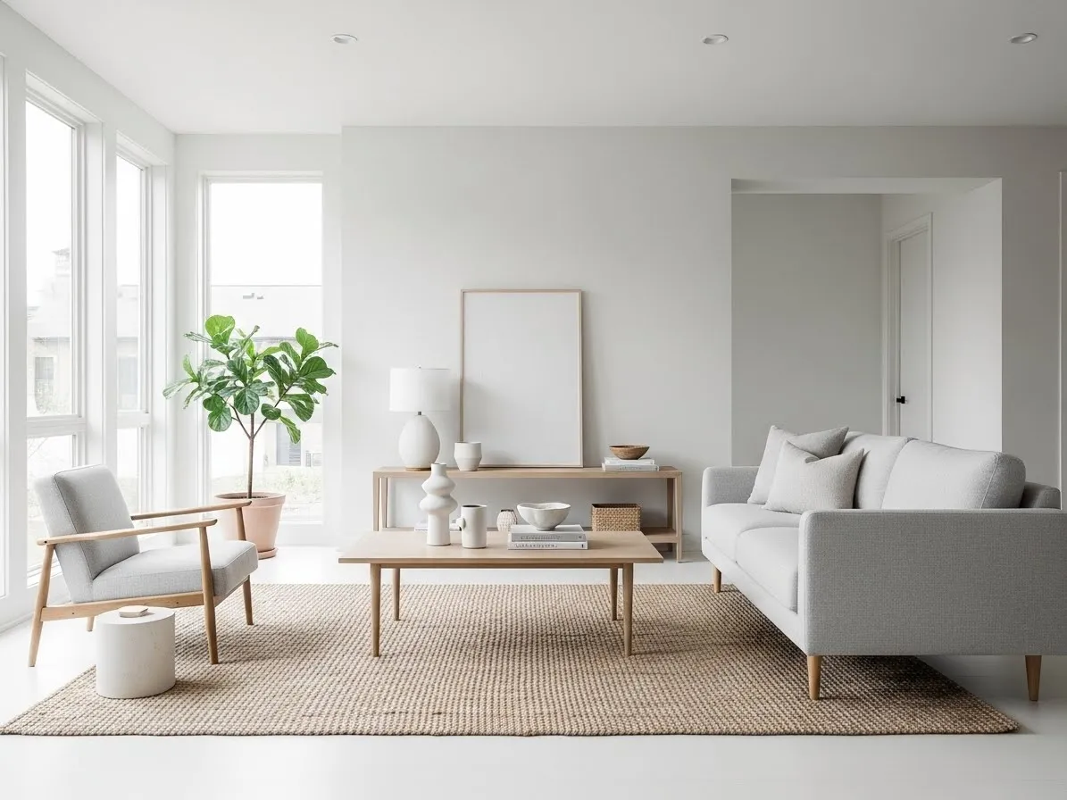 Minimalist living room interior with clean lines and a calm neutral palette.