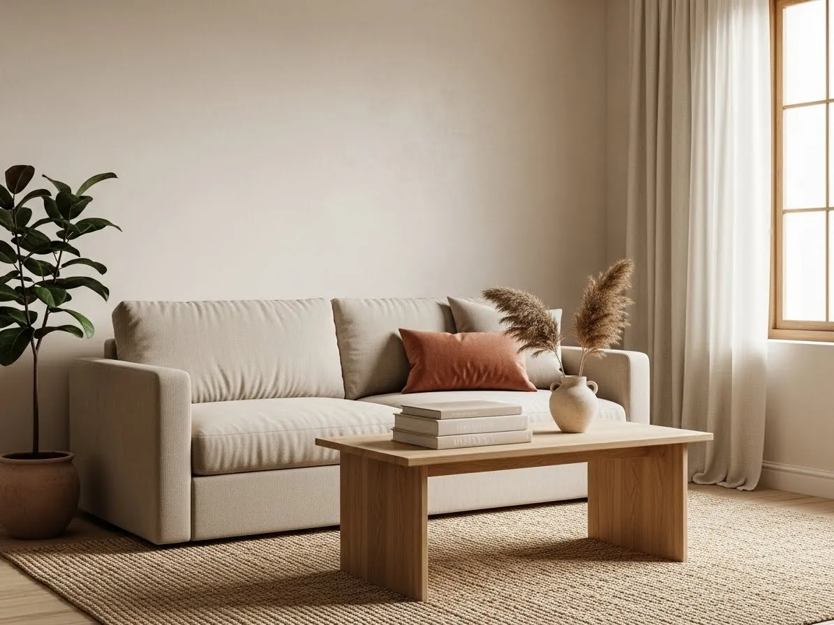  A minimalist living room featuring warm earthy tones and simple furniture.