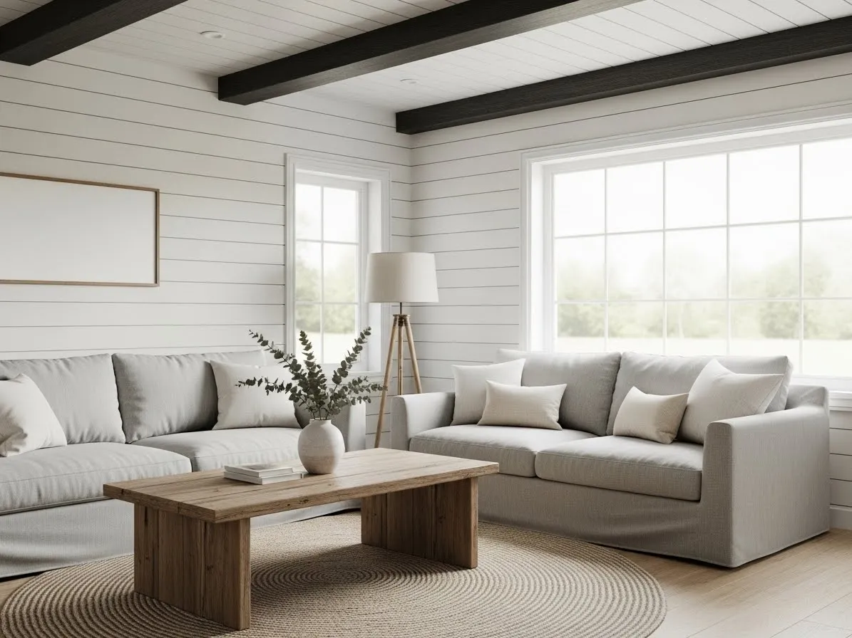  Minimalist farmhouse style living room with neutral tones and wood accents.