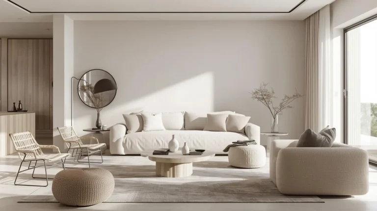 A calm minimalist living room with neutral tones and simple décor.