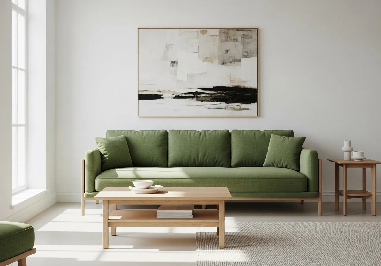 Minimalist living-room-with-green-sofa with modern clean design