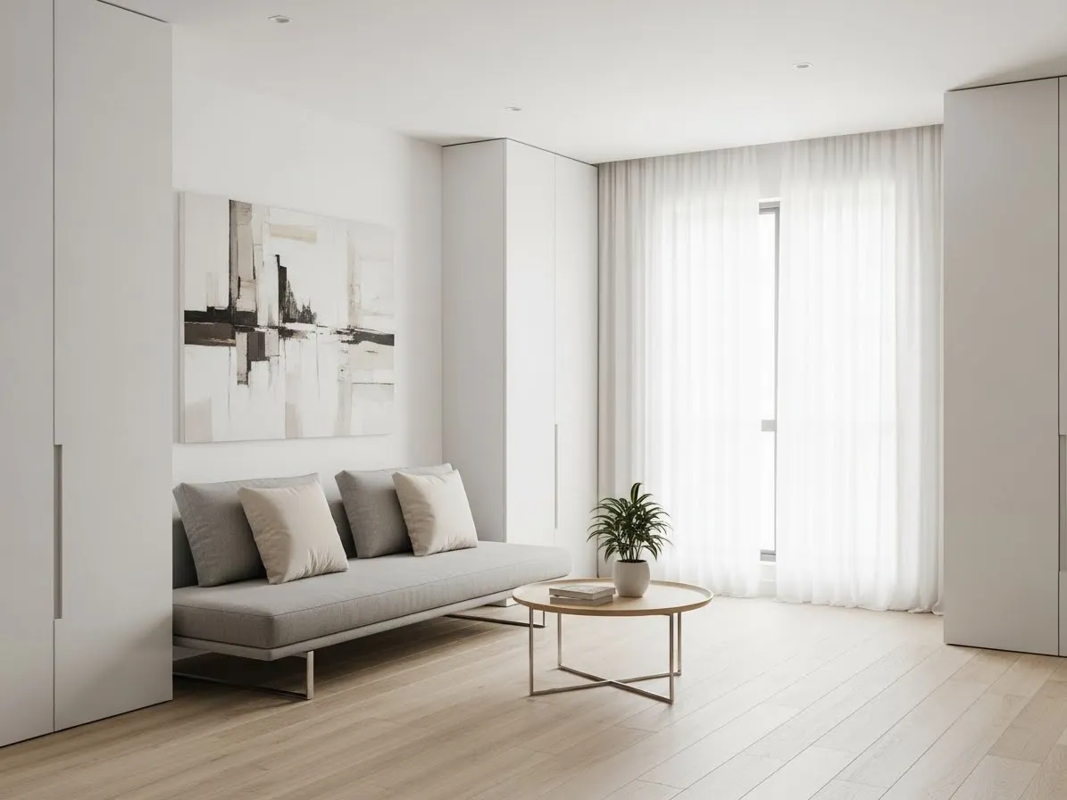 Minimalist living room with hidden storage keeping clutter out of sight.