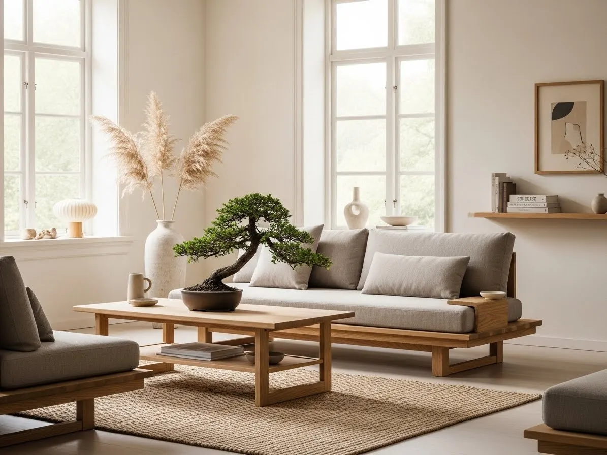 A Japandi style minimalist living room with light wood and calm aesthetic.