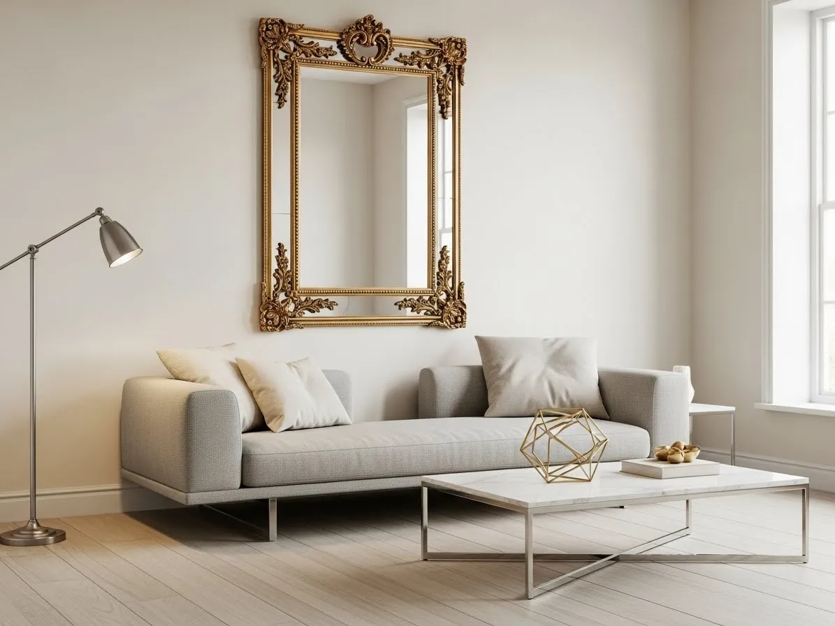 A minimalist living room featuring metallic accents for subtle luxury.