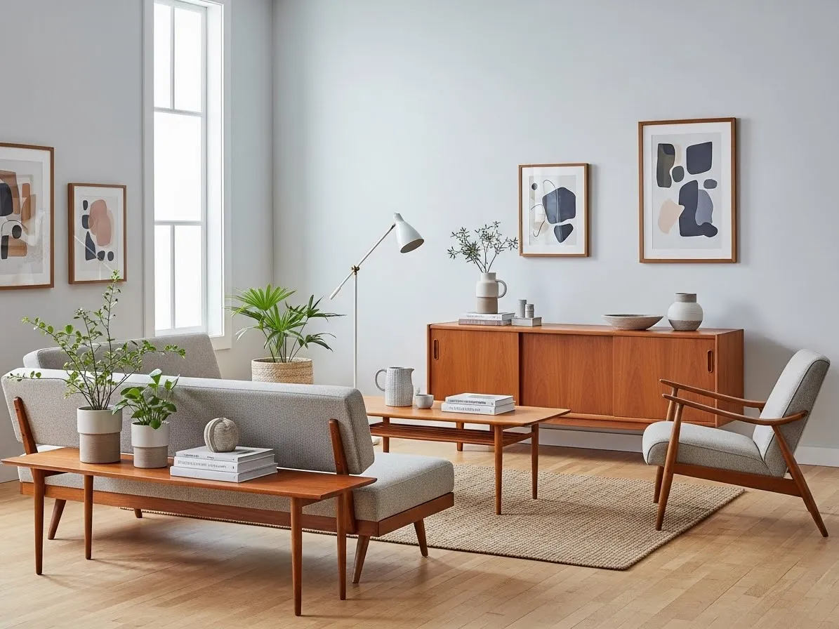 Mid-century modern minimalist living room with simple furniture and neutral décor.