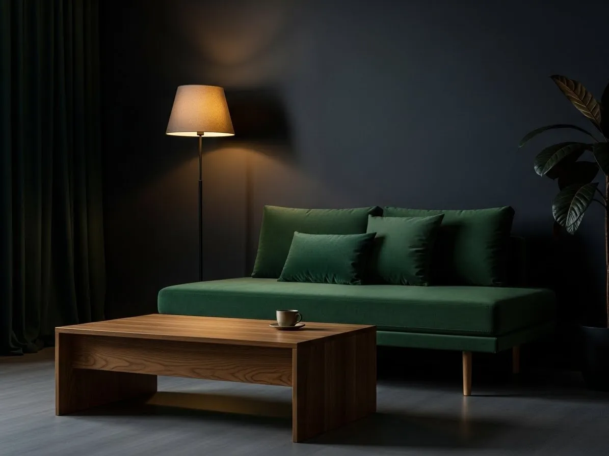 Moody minimalist living room with rich deep tones and simple furniture.