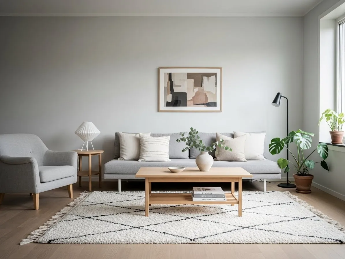 Scandinavian minimalist living room with light wood and soft textures.