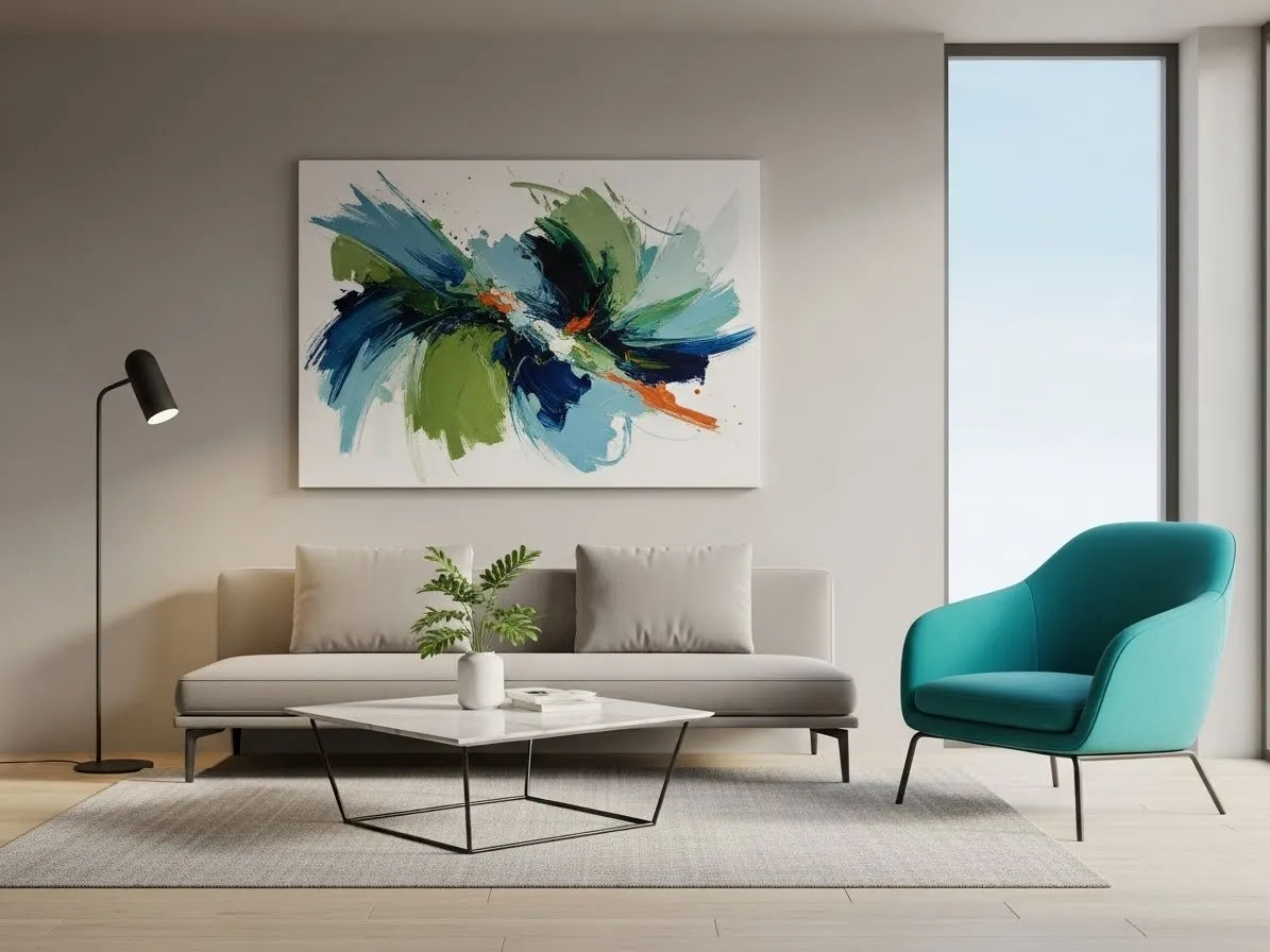  Minimalist living room with neutral furniture and a bold colored chair plus abstract art.