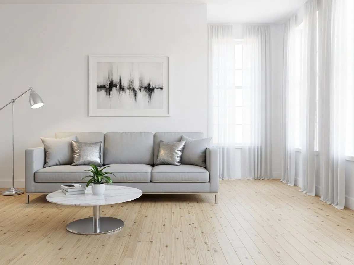 Minimalist living room featuring white and gray tones with simple décor.