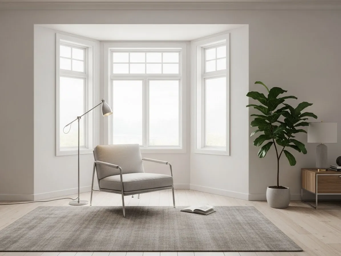 Minimalist living room with bay window featuring simple seating, neutral decor, and natural light.