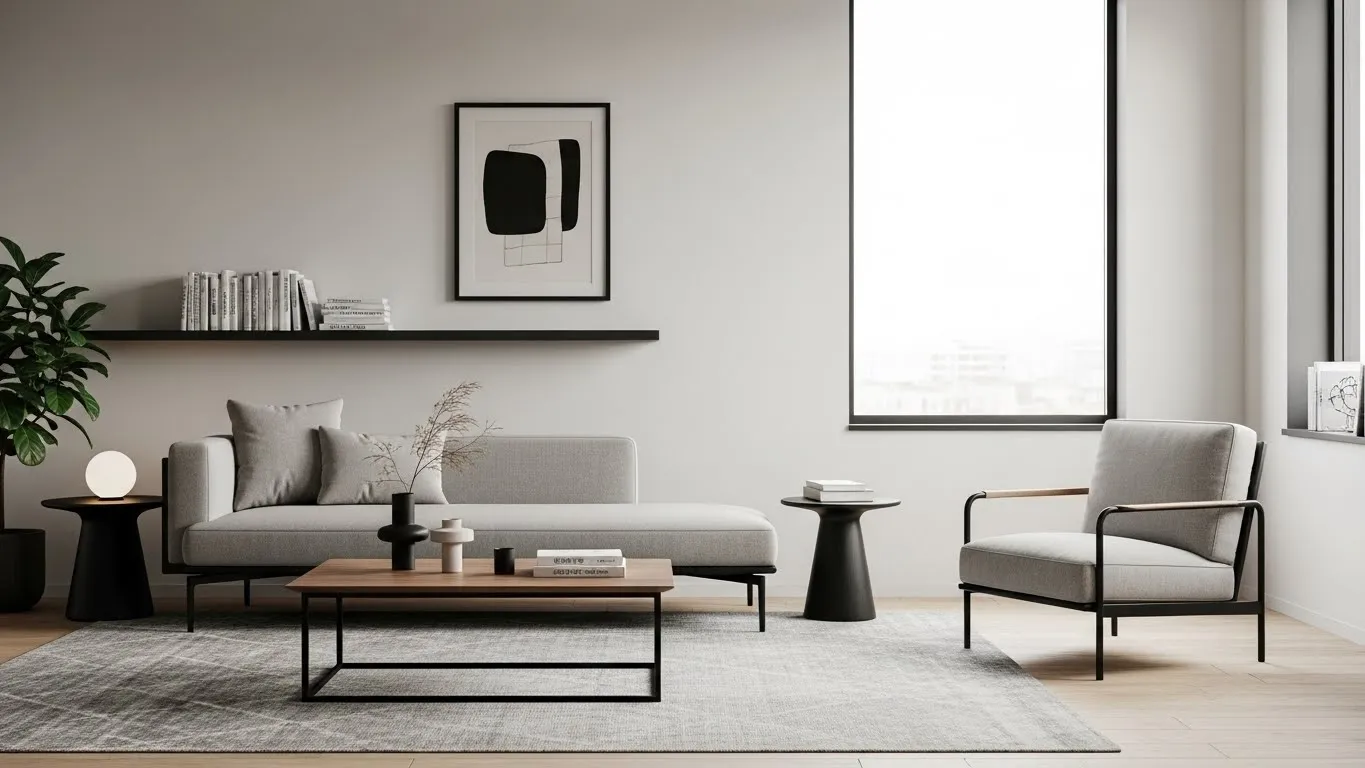 Minimalist masculine living room with clean lines and neutral tones