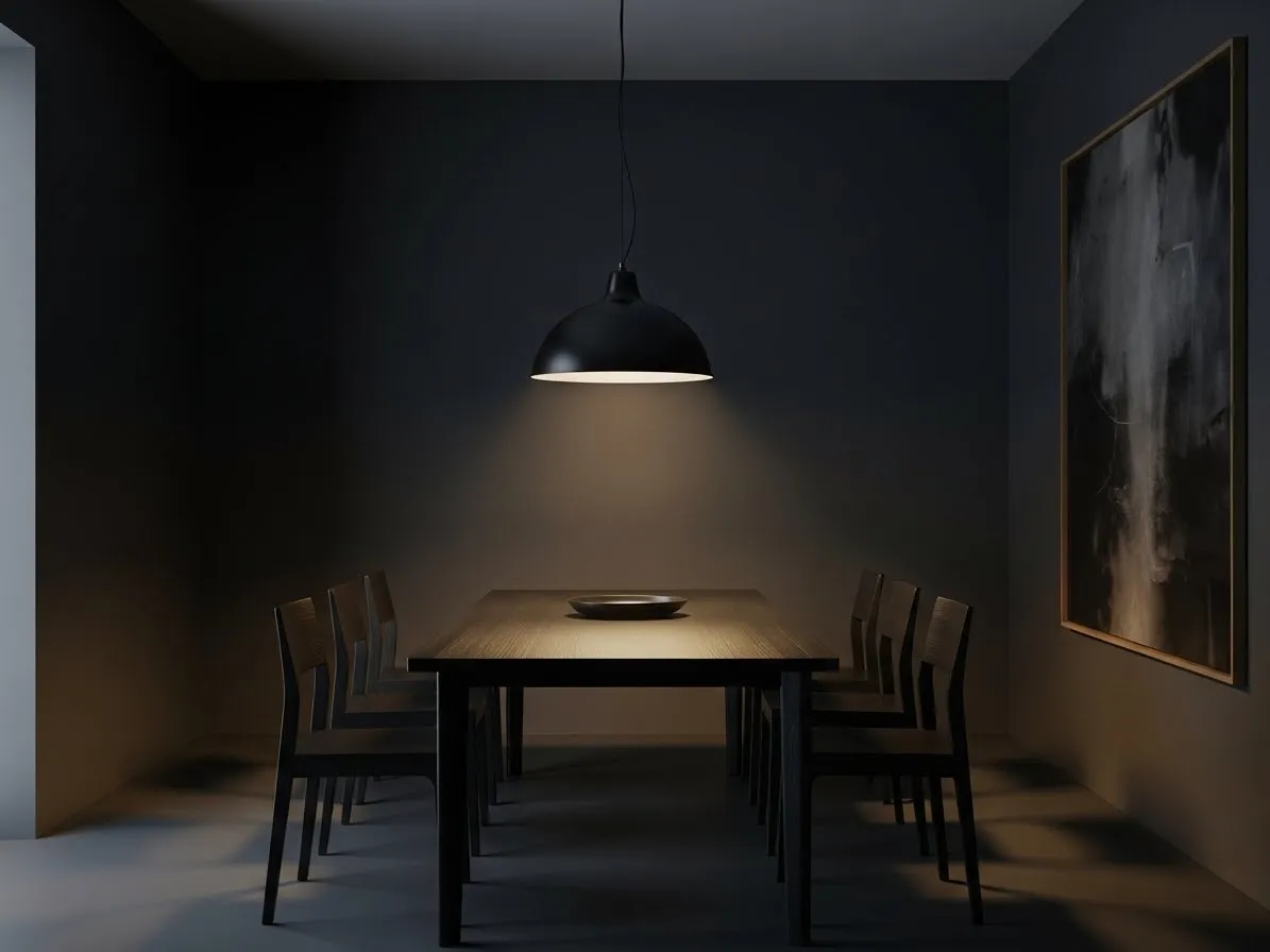 Minimalist moody dining room with dark walls and simple decor