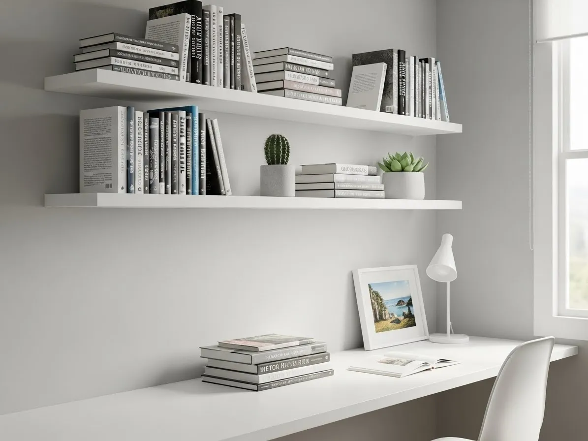 Minimalist office shelf with books, a plant, and a framed photo for a clean modern workspace.