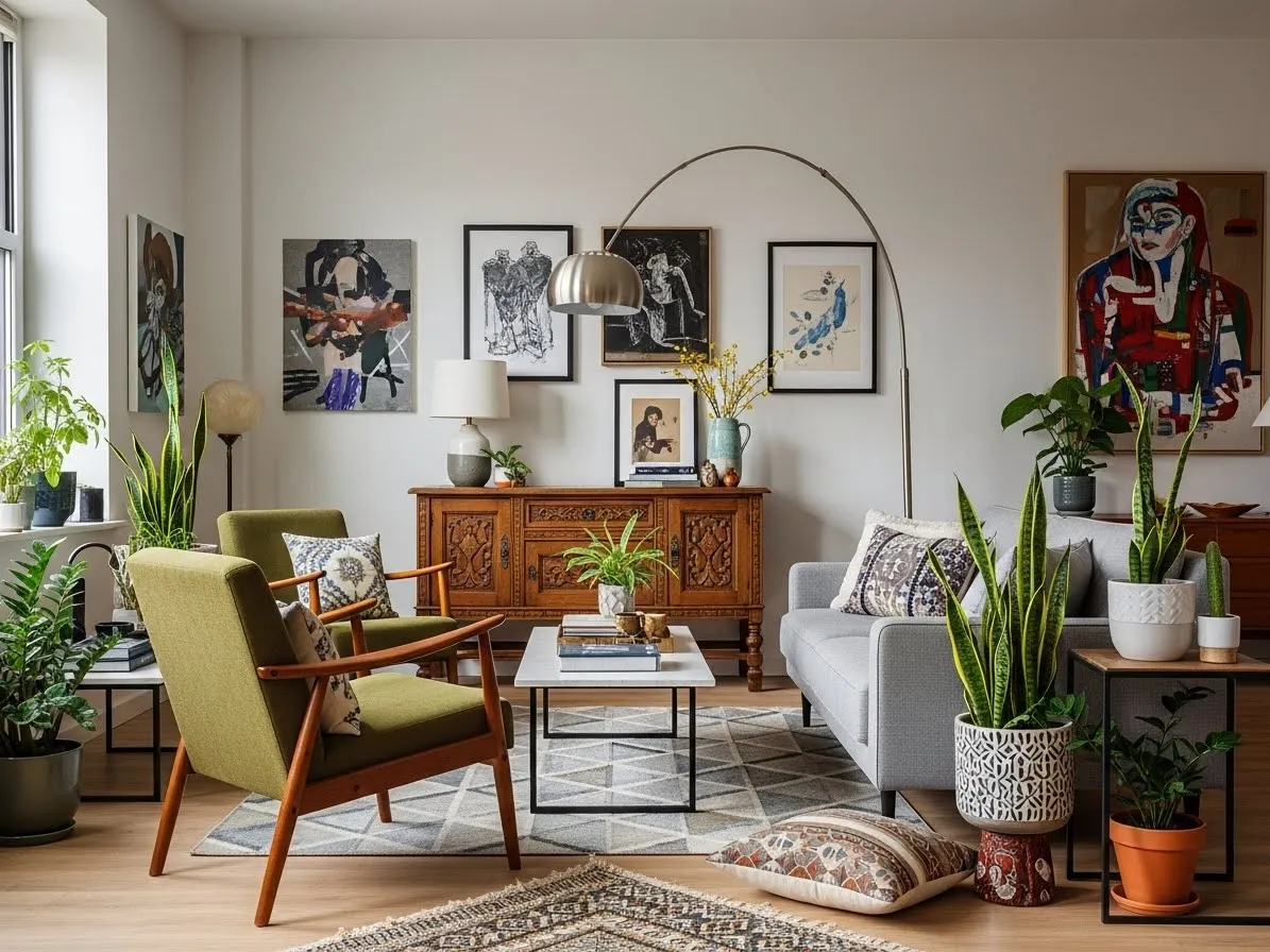 Eclectic apartment mixing furniture from different design eras for a curated look