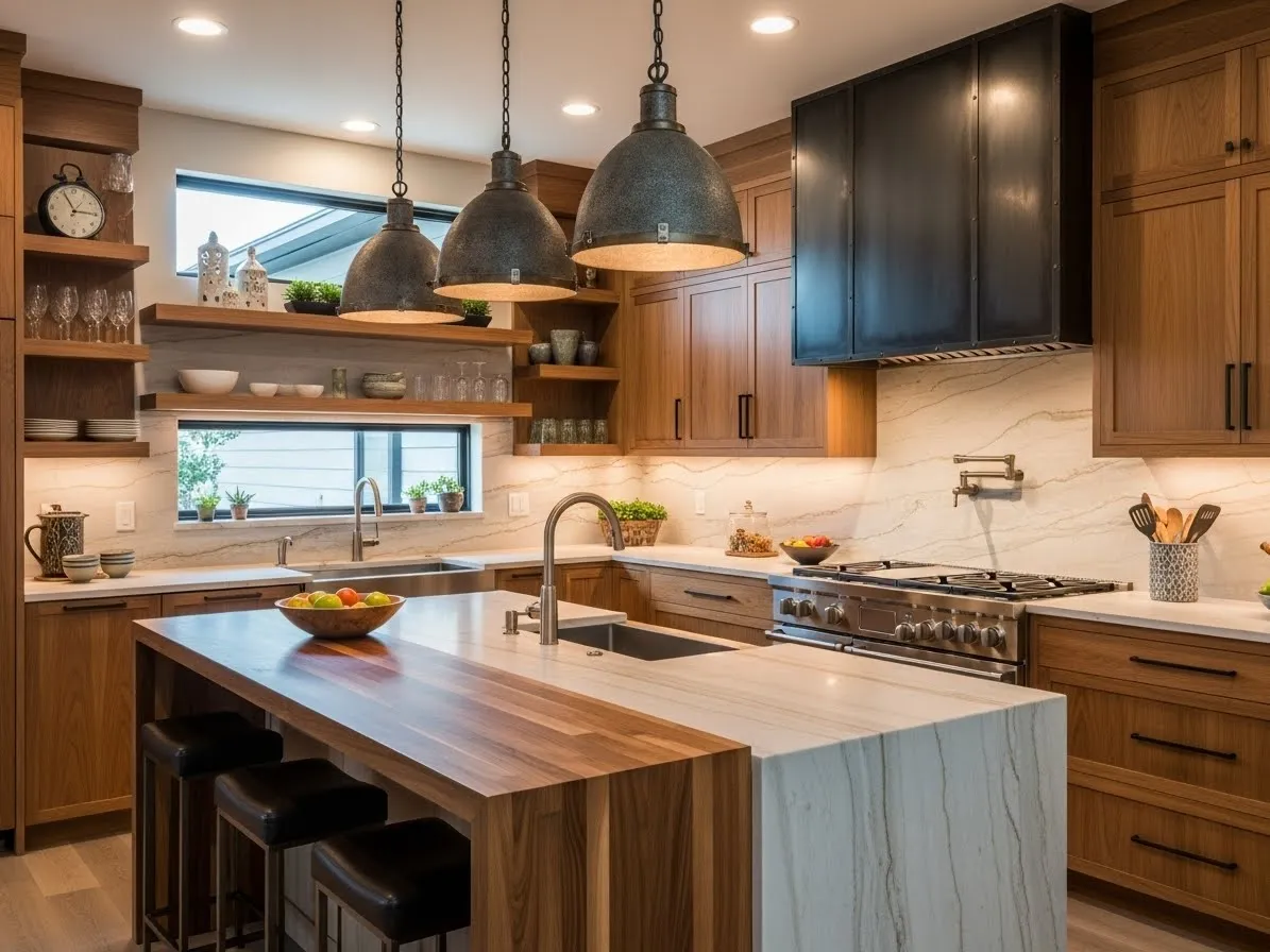 Mixed materials kitchen trend combining wood, stone, and metal finishes