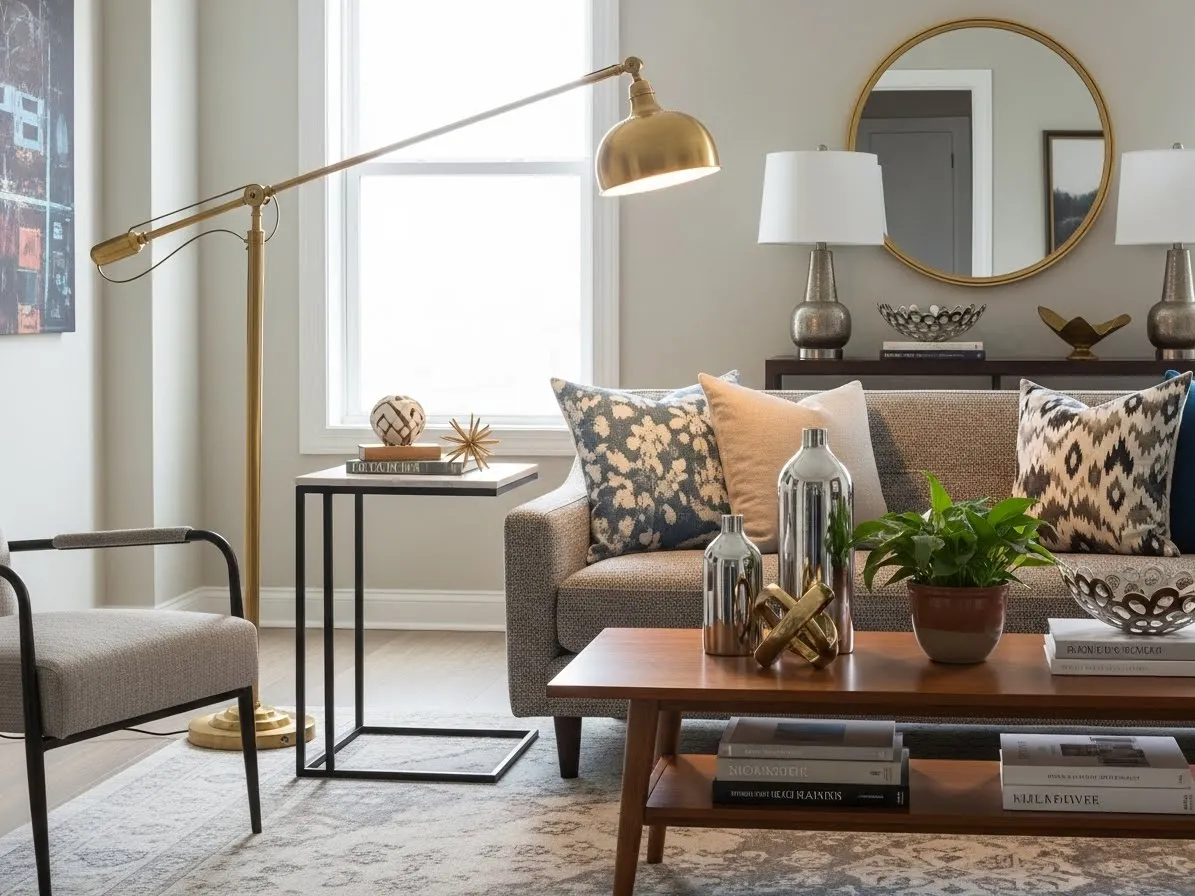 Eclectic apartment interior mixing brass, black metal, wood, and chrome finishes in a balanced way