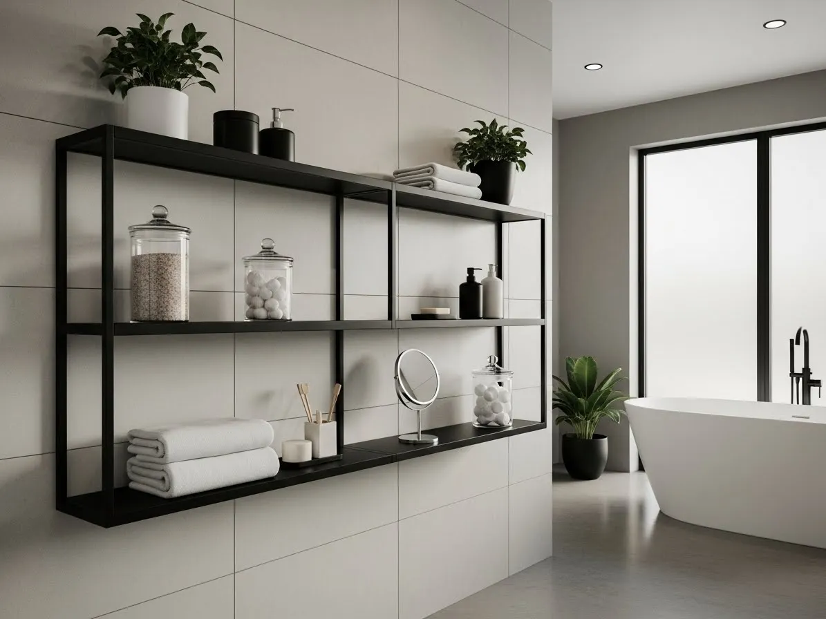 Modern bathroom shelf decor ideas with black metal shelves