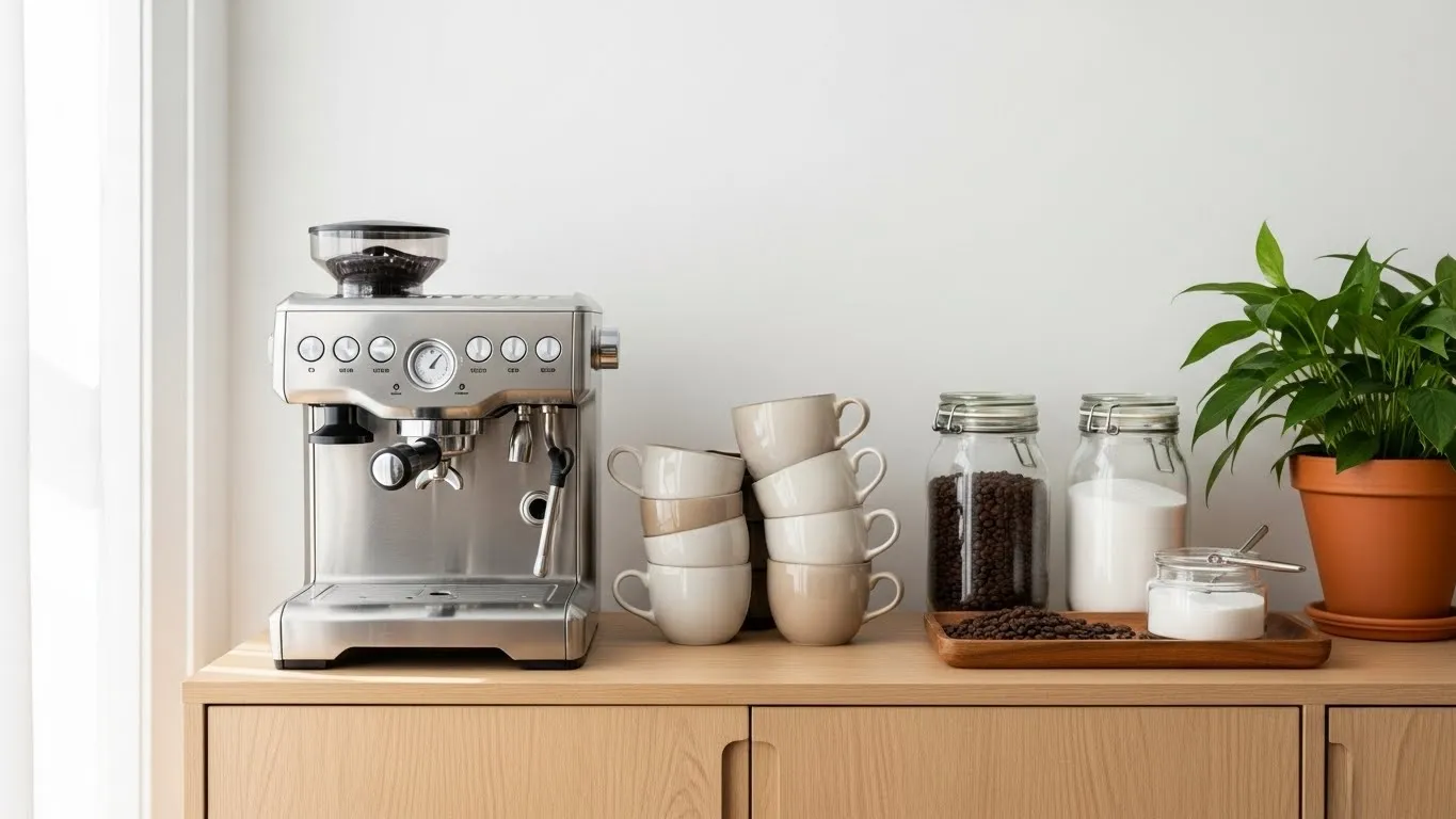 Modern coffee bar setup with espresso machine, neutral mugs, and warm wood accents in a bright home