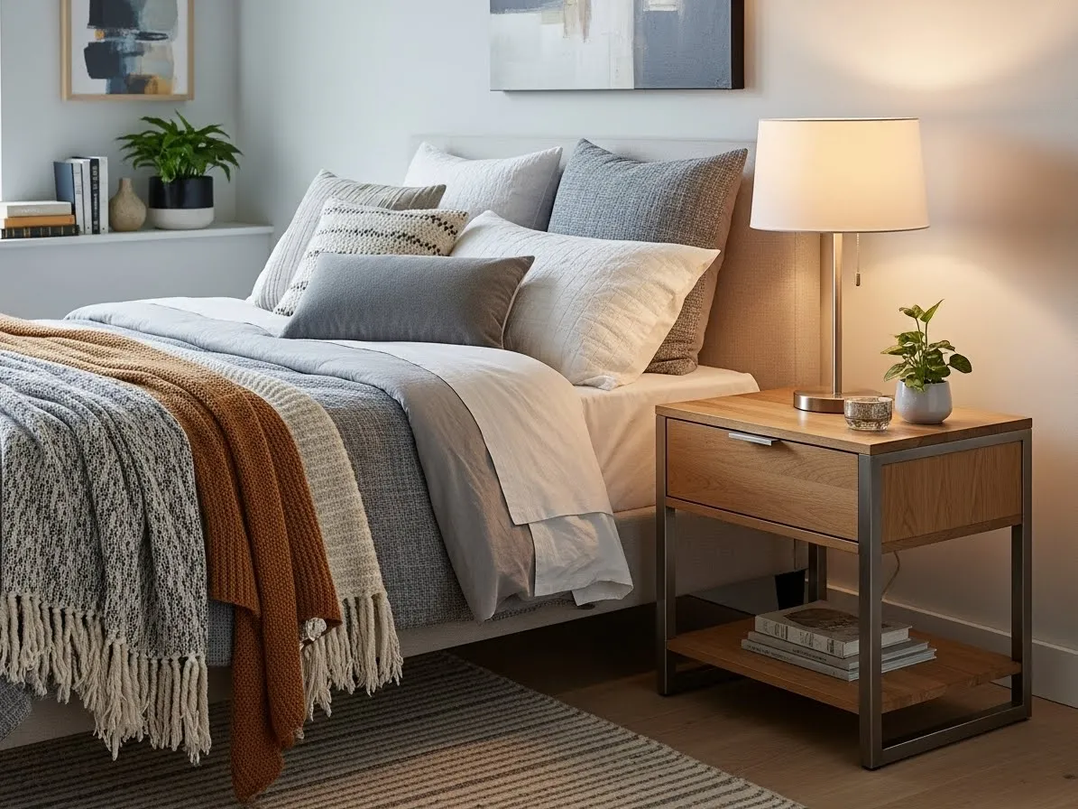 Modern mixed material bedside table idea for a stylish bedroom