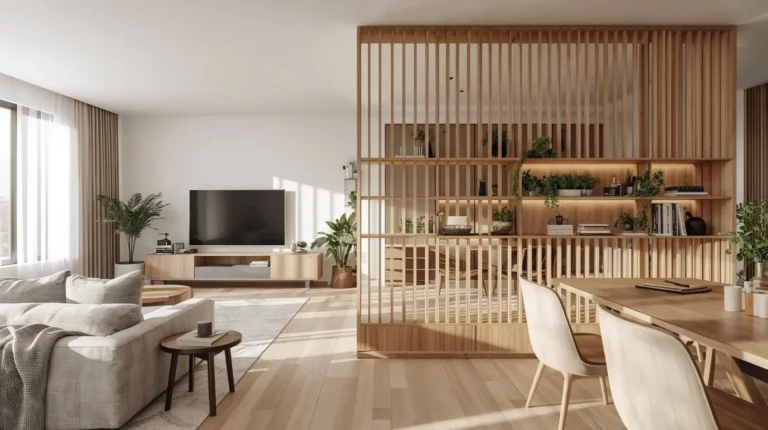 Modern living room with a stylish wooden slat partition dividing the dining area, decorated with plants and shelves