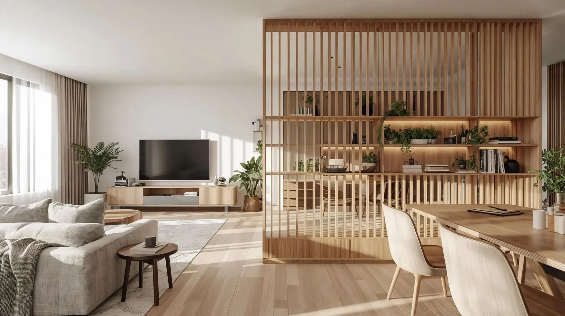 Modern living room with a stylish wooden slat partition dividing the dining area, decorated with plants and shelves