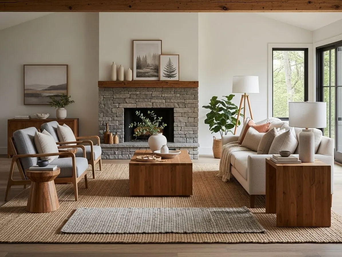 modern rustic living room with natural fiber area rugs