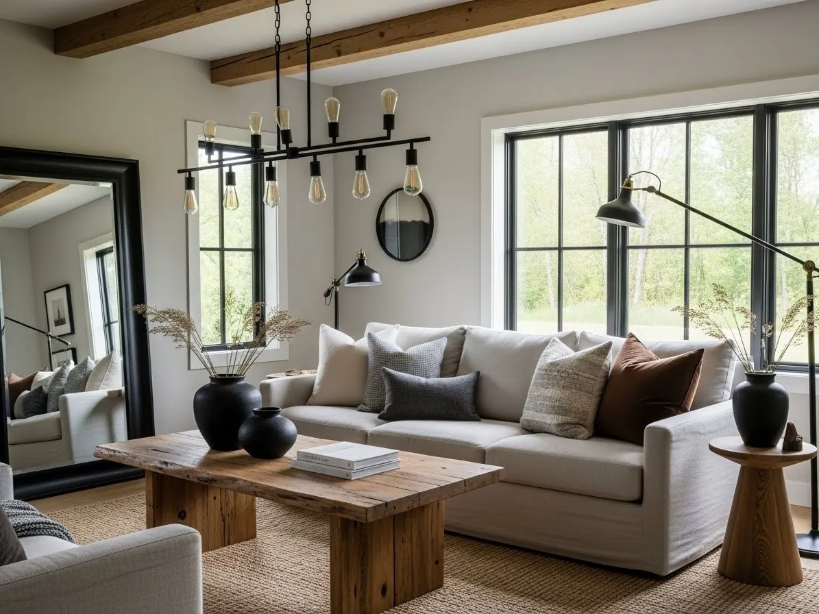 modern rustic living room with black accents and warm wood tones