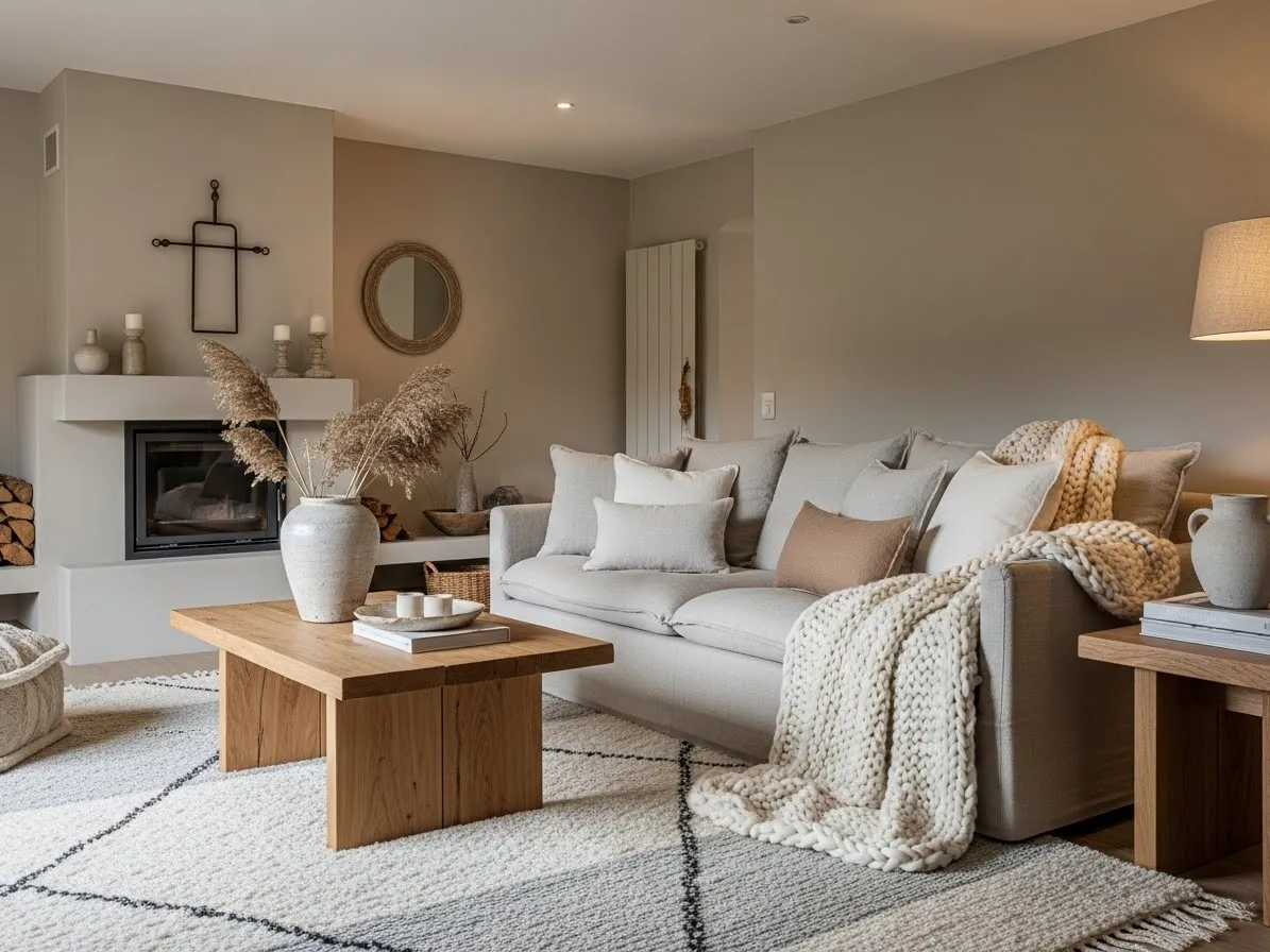 modern rustic living room with layered textures and cozy decor