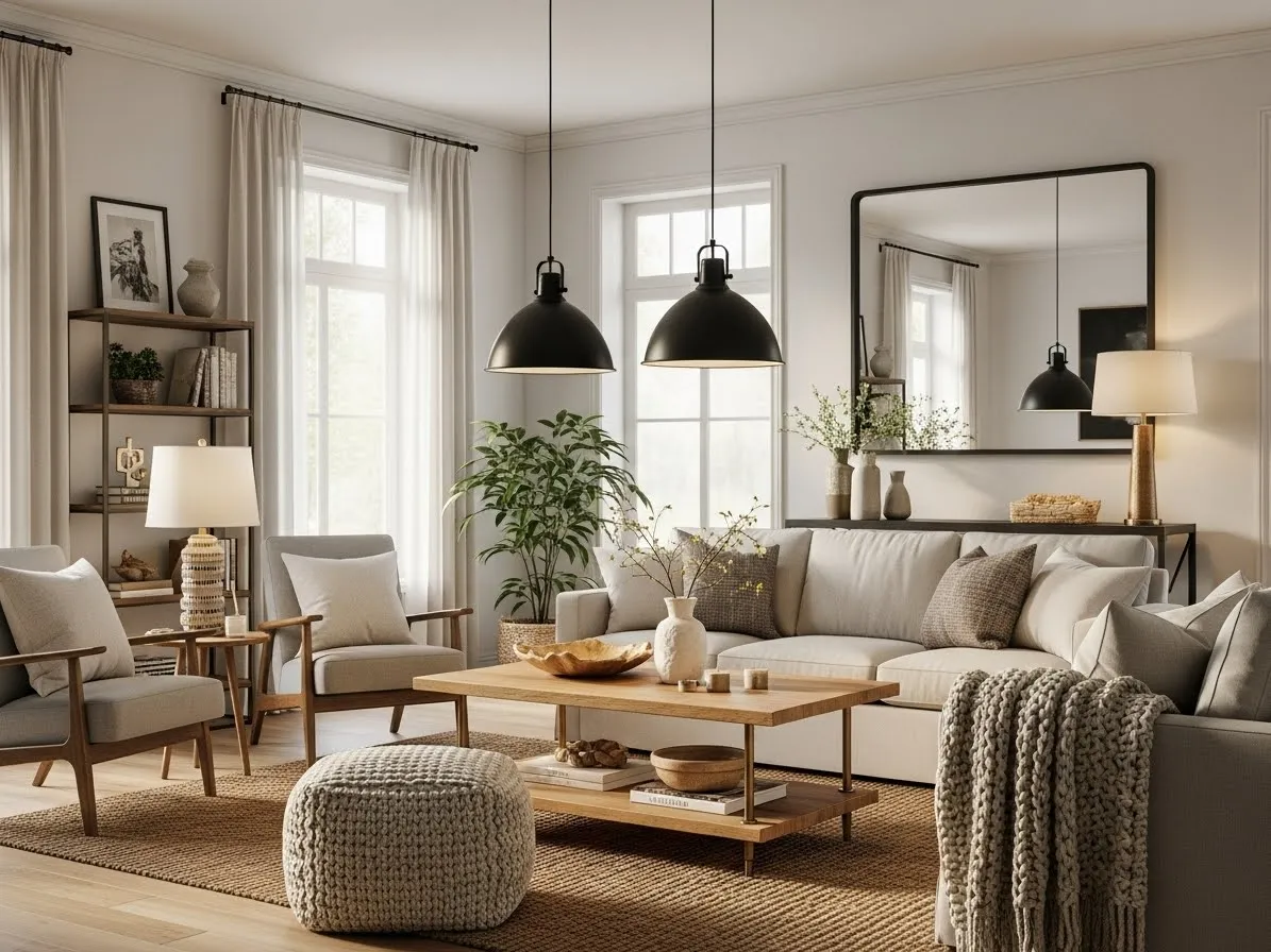 modern rustic living room lighting with metal and warm finishes