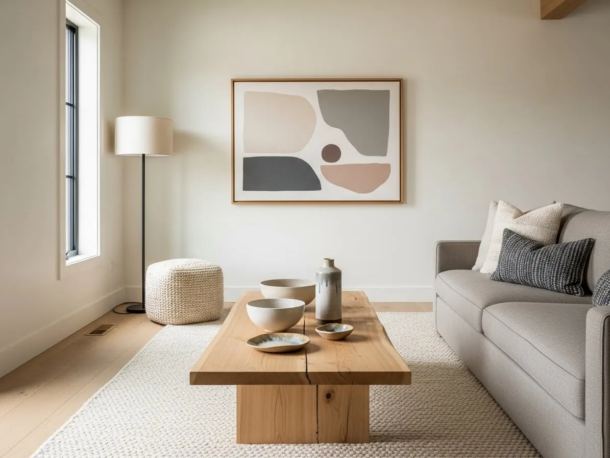 modern rustic living room with minimal decor and warm neutral styling