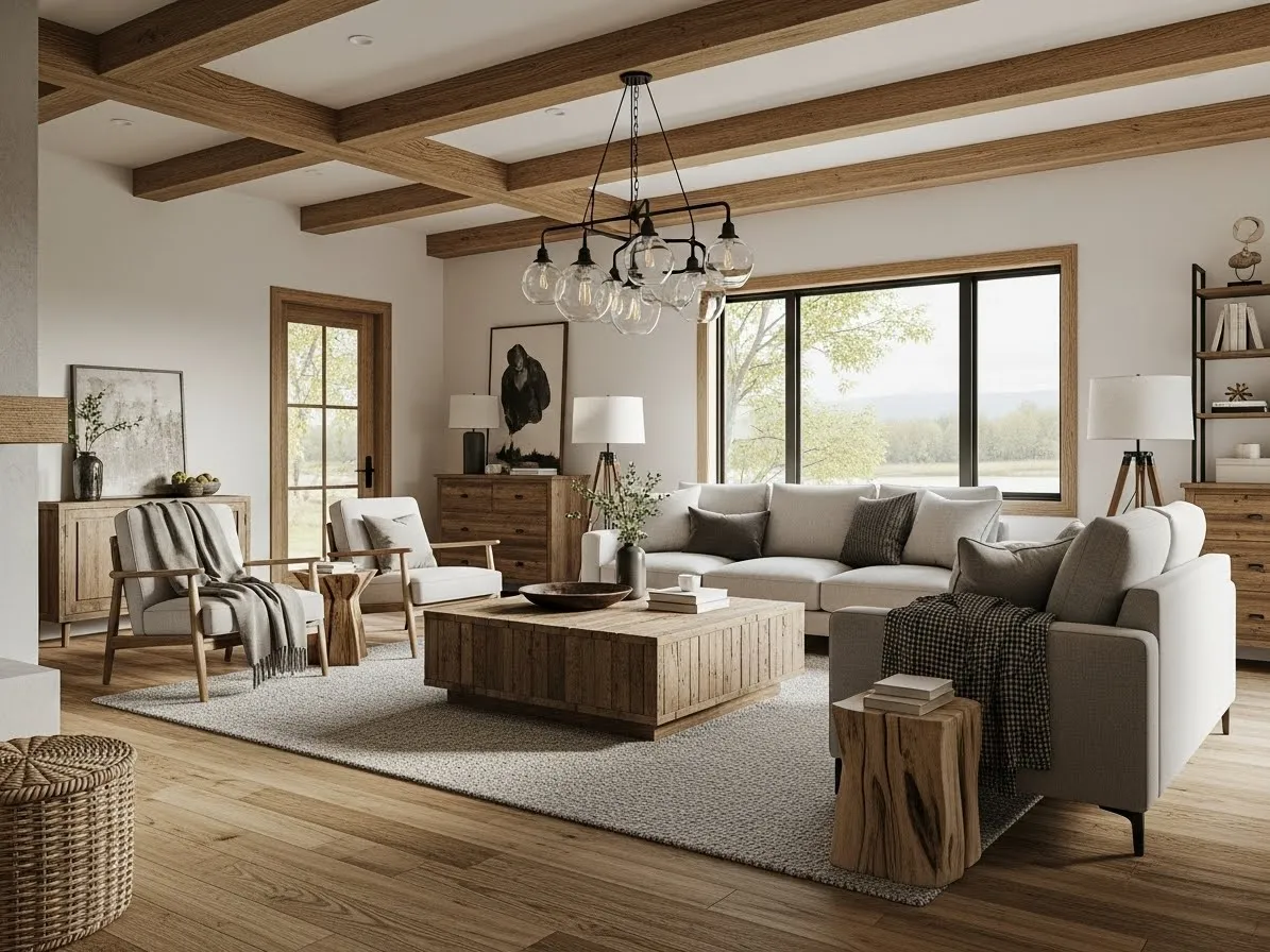 modern rustic living room with reclaimed wood furniture and warm textures