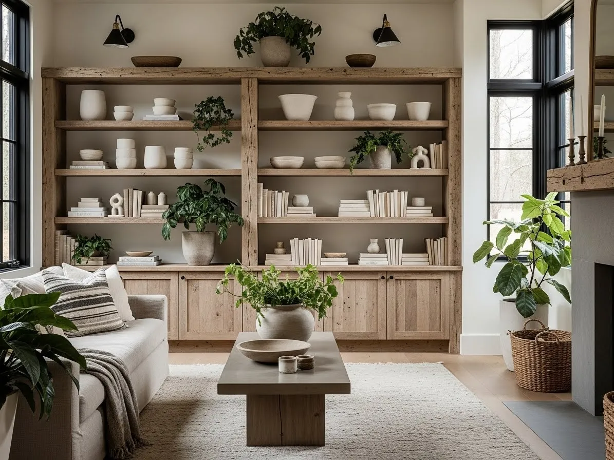 modern rustic living room with styled open shelving and neutral decor