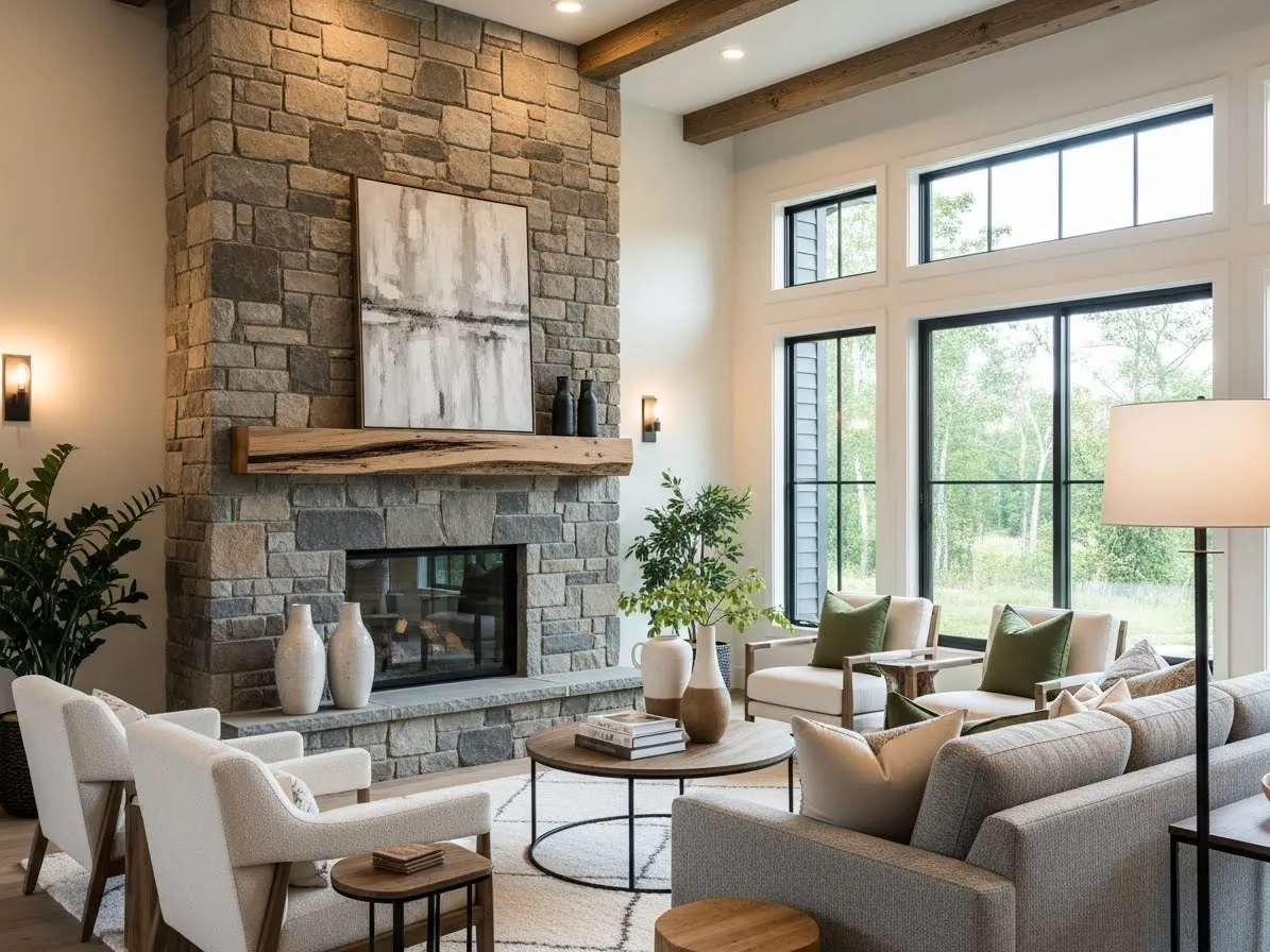 modern rustic living room with stone fireplace and wood mantel