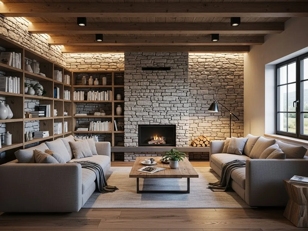 modern rustic living room with stone and wood design elements