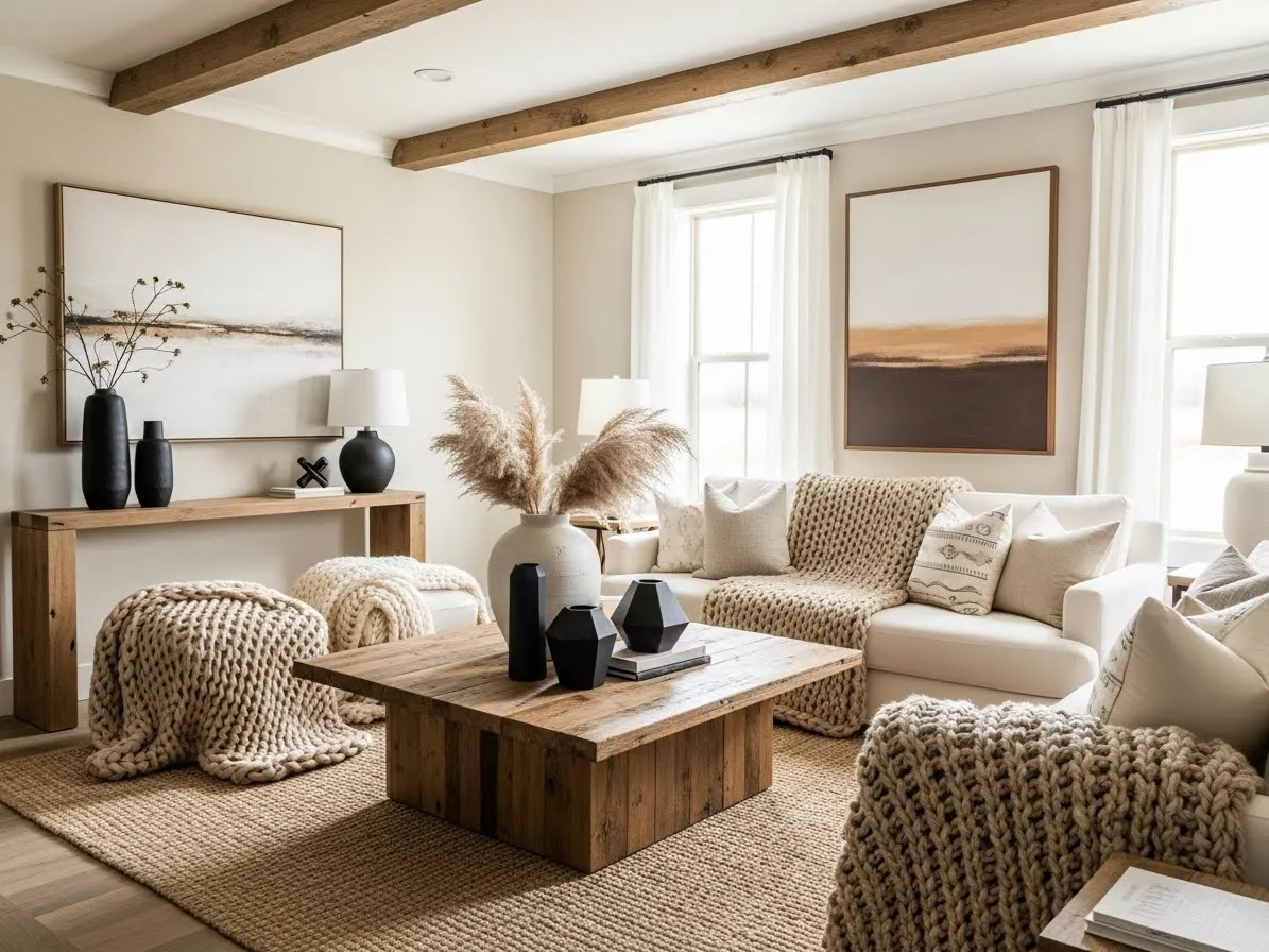 modern rustic living room with warm neutral colors and natural wood accents
