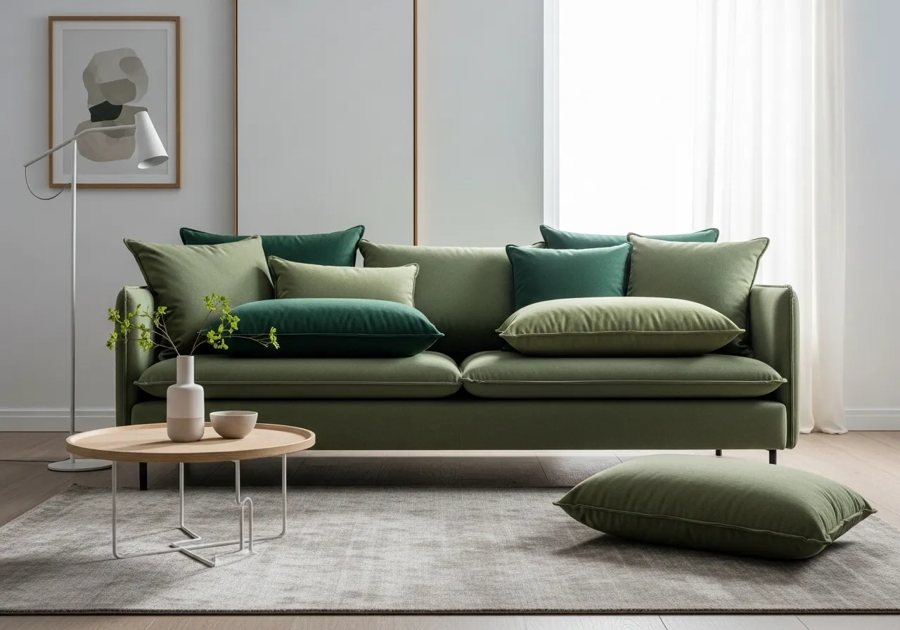 Monochromatic living-room-with-green-sofa with layered green cushions