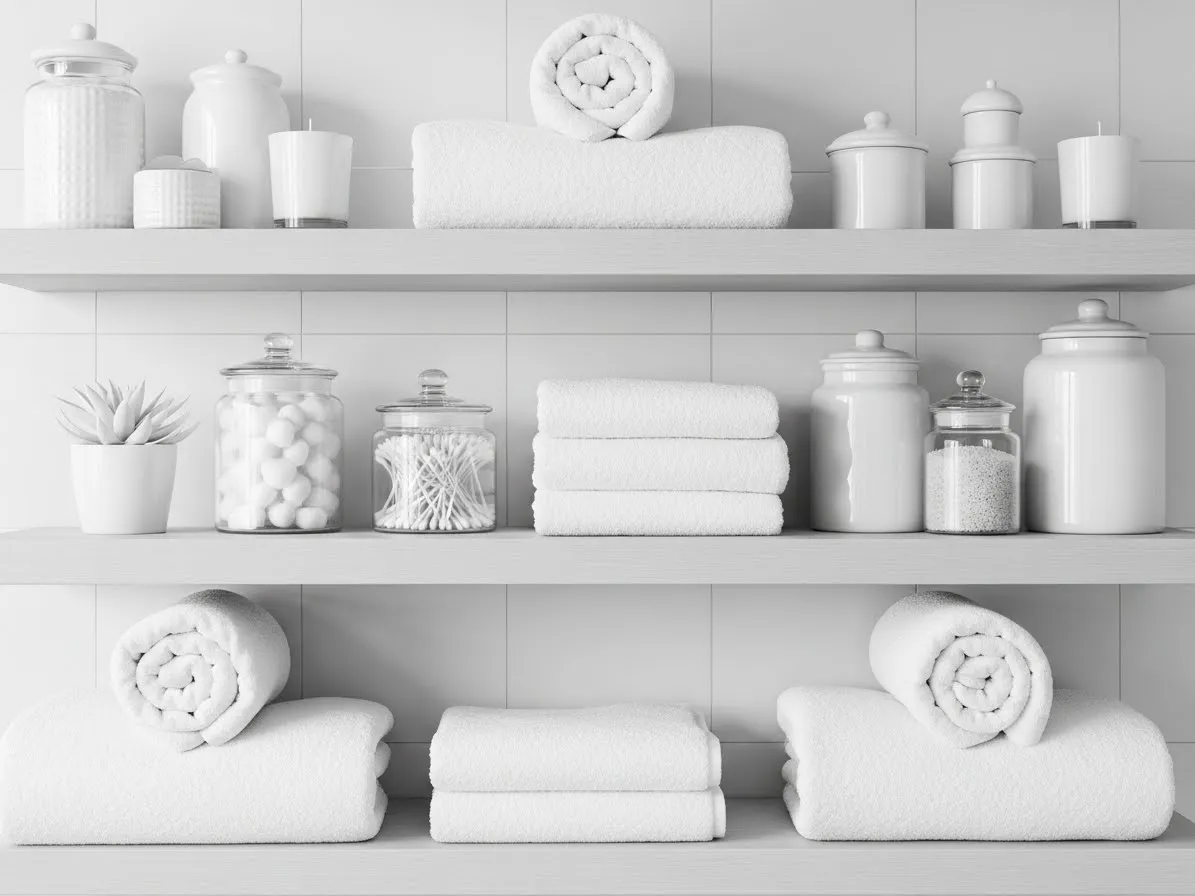 Monochrome bathroom shelf decor ideas in neutral tones