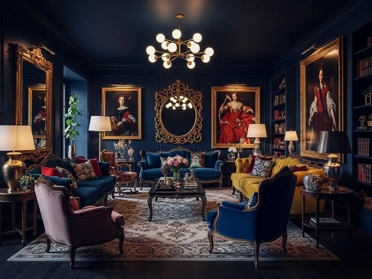 Moody blue maximalist living room featuring deep tones, metallic accents, and cozy lighting