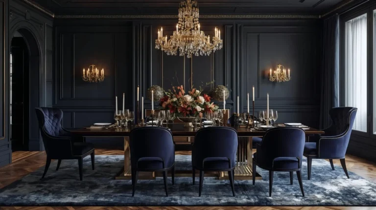 moody dining room with dark navy walls, velvet chairs, crystal chandelier, and gold accents