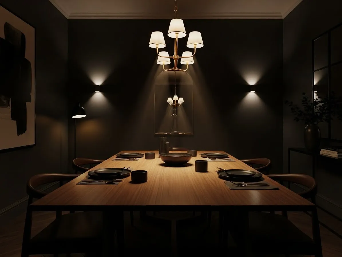 Moody dining room with dark painted walls and warm lighting